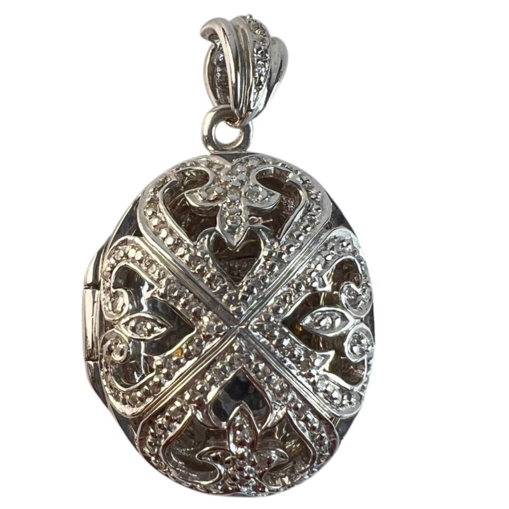 Vintage STS Chuck Clemency Sterling Silver Diamond Oval Filigree Locket Pendant